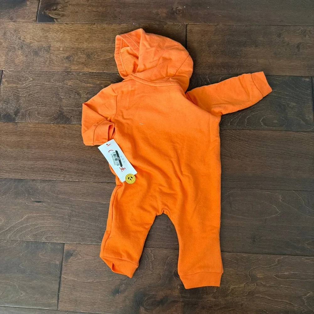 Cat & Jack Newborn Boys Girls Halloween Pumpkin Hooded Romper Orange Fleece NWT
